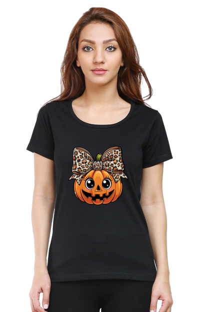 Cute Pumpkin with leopard print Bow Halloween T-Shirt for Women | Unfiltered