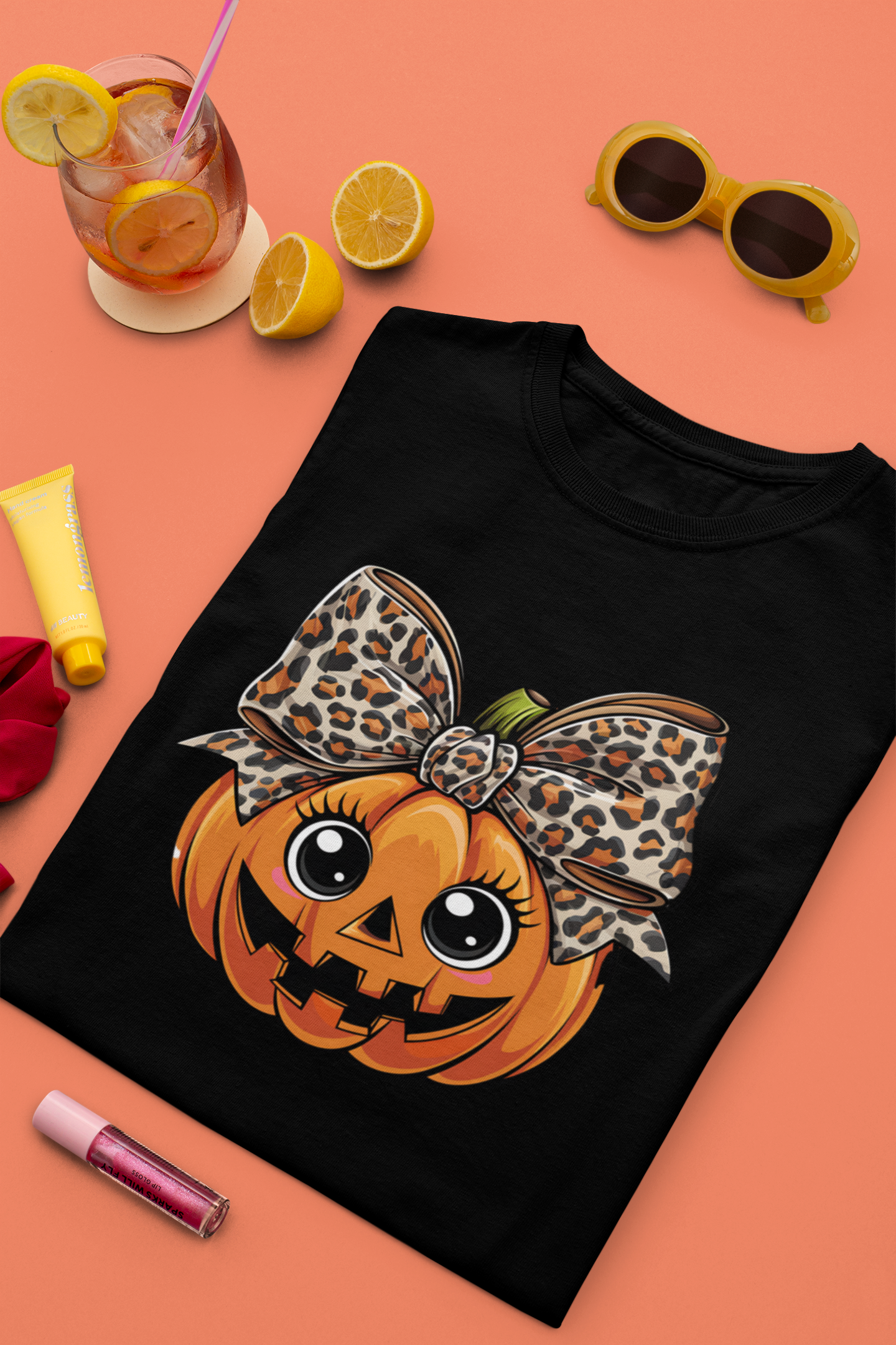 Cute Pumpkin with leopard print Bow Halloween T-Shirt for Women | Unfiltered