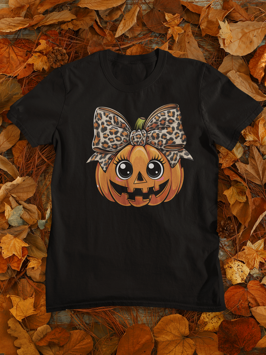 Cute Pumpkin with leopard print Bow Halloween T-Shirt for Women | Unfiltered